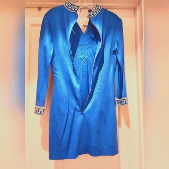 70s Twiggy MOD Zip Hi Neck Sparkly Greek Key Trim Star Trek Vin Mini Dress OO - Picture 8 of 16